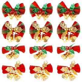 Thyonta 12 Pcs Red and Gold Bell Bow Ornaments Christmas Tree Home Decoration Festive DIY Wreath Accessories Versatile Holiday Hanging Decor for Christmas Trees