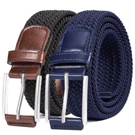 DENGFENGZHE Belt for Men, 1 3/8" Mens Gift Stretch Braided Web Belt Elastic for Casual Golf Jeans, 2 Pack (Black+Navy blue, 32" to 38" Waist Adjustable)