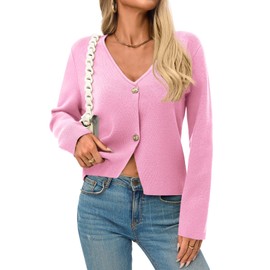 Saodimallsu Womens V Neck Cardigans Long Sleeve Button Down Cropped Knit Trendy Front Slit Dressy Casual Fall Sweater Blazers Pink