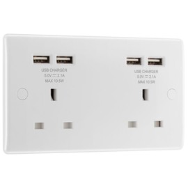 BG Electrical 824U44 Double Unswitched 13 Amp Power Socket with Four USB Type A Charging Ports, 21W, White Moulded, Round Edge