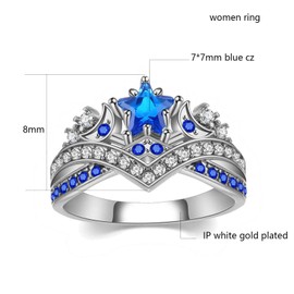 lvrong Couple Rings Matching Rings His Her Ring Stars and Moon Princess Ring Blue CZ Women's Wedding Ring