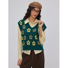CIDER Floral Sweater Vest for Women Sleeveless Knitted V Neck Knitwear Cute 2025 Trendy Sweater Green