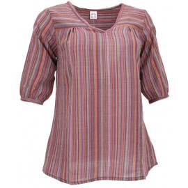 GURU SHOP Women's Lightweight Cotton Blouse, Striped V-Neck Blouse, Colourful
