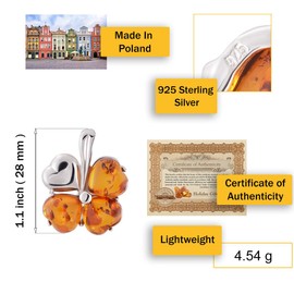 Amber Jewelry for Women - Sterling Silver Baltic Honey Amber Shamrock Pendant Necklace, Includes 18 Inch 925 Sterling Silver Chain, Made in Poland