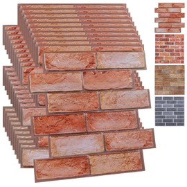Red 3D Faux Brick Wall Panels Peel and Stick-10 Pack 11.8"x11.8" Brick Wall Tiles, 3D Faux Stone Wallpaper, Realistic Textured Backsplash for Office, Apartment, Bedroom, Kitchen, Fireplace, RV