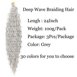 24inch Ocean Wave Braiding Hair Extensions 3packs Long Deep Curly Wave Braid Hair Synthetic Twist Ripple Crochet Deep Wave Braids Hair for Women 100g/pack(24",Grey)