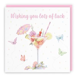 Hunts England - Pink Cocktail And Butterflies Good Luck Card For Her - Milo's Gallery - Female Card - Good Luck Card For Exams, Driving Test, New Job, Travelling, Moving, etc.