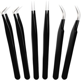 High Precision Lash Tweezers Set 6 Pack Stainless Steel Eyelash Extension Tweezers for Classic, Volume, Mega Volume Lashes, Facial Hair, Eyebrow, Hair Removal, Crafting Making(Black)