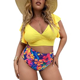 Womens Plus Size Bikini Set High Waisted Bikini Set Plus Size Swimwear for Women Push Up Tummy Control Bikini Beachwear Swimming Costume for Women (Yellow XL)