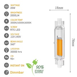R7S 78 mm Dimmable 20 W Bulbs, 78 mm Bulb Replacement for 200 W Halogen Bulbs, R7S LED Rod, Warm White, 3000 K, 2000 LM, No Flickering, 360° Beam Angle LED Rod, Pack of 2