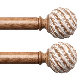 Wood Curtain Rods for Windows 2 Pack, TONIAL 1 Inch Adjustable Heavy Duty Drapery Rods 32-58 Inch with Wood Grain Leaf Pattern Finials, Boho Curtain Rod for Living Room, Bedroom, Indoor, Outdoor