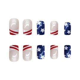 4th of July Press on Nails Medium Square Fake Nails French Tip Acrylic Nails Red White Blue False Nails Star Line Glue on Nails Full Cover Glossy Stick on Nails Independence Day Artificial Nails 24Pcs