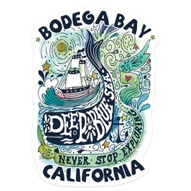 Die Cut Sticker Bodega Bay, California, Watercolor Whale, Deep Blue Sea, Nautical Art, Contour Vinyl Sticker 3 to 6 inches, (Waterproof Decal for Cars, Water Bottles, Laptops, Coolers), Large