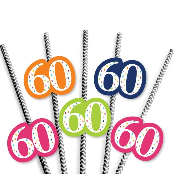 60th Birthday - Cheerful Happy Birthday - Paper Straw Decor - Colorful Sixtieth Birthday Party Striped Decorative Straws - Set of 24