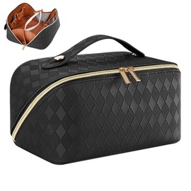 CGBOOM Cosmetic Bag, Large Capacity Make Up Organiser Bag, Women's PU Leather, Waterproof, Portable Makeup Bag with Divider for Daily Use and Travel, black