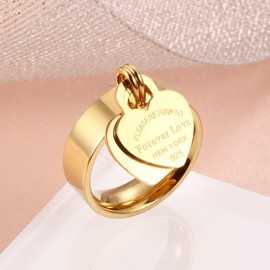 JINHUI Rings with Charms for Girlfriend, 6mm Heart Dangle Ring Graducation Gift 18k Gold Plated Ring Engraved Promise Ring Jewelry (Gold, 9)