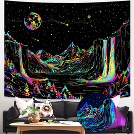 Lunerfex Starry Mountain Tapestry Blacklight Wall Tapestry Celestial Landscape Tapestry Wall Hanging for Bedroom and Living Room Decor Mountain Blacklight 70×90 Inches