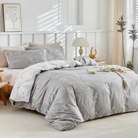 Lekesky Bed Linen 135 x 200 cm, 2-Piece Duvet Cover, Branch and Leaf Motif Bed Linen Set 135 x 200 cm Microfibre with Pillowcase with Zip 80 x 80 cm x 1, Grey/White