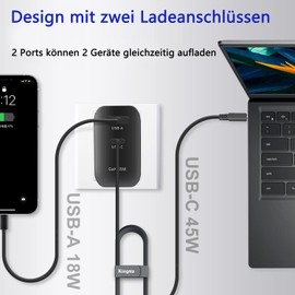 Laptop Ladegerät 65W für Dell Inspiron 14 15 mit PD Dell Ladekabel 2-Port USB C Netzteil Schnellladegerät Laptop Charger