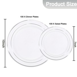 200 Pcs Silver Plastic Plates - Heavy Duty Disposable Party Plates, Silver Plates Disposable Include 100 Dinner Plates and 100 Elegant Dessert Plates, Plastic Plates for Party, Holiday & Wedding