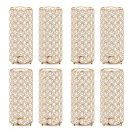 8 Pcs Gold Crystal Flower Vase and Pillar Candle Holder Set, 7.87" Metal Cylinder Stand for Wedding Table Centerpieces, Flower Arrangements, Christmas Party, Event Decor, and Gifts