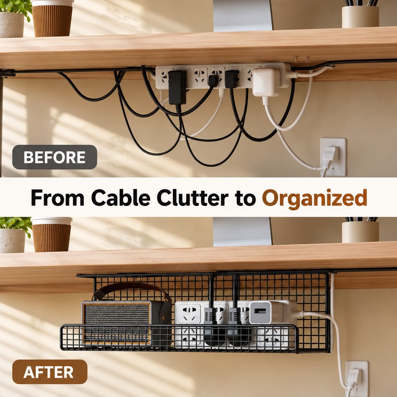 Under-Desk Cable Management Tray for Cord & Power Strip Storage
