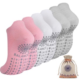 ILovDaisy Pilates Yoga Socks Women's 39-42, Stopper Socks Non-Slip Trainer Socks Yoga Socks Non-Slip Socks with Nubs for Trampoline Gymnastics Fitness Hospital Home 3 Pairs, Pink, white, light grey