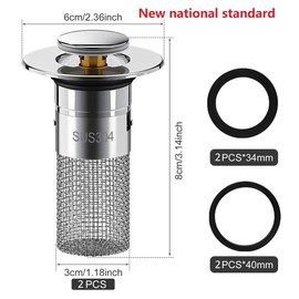 2 Counts 304 Stainless Steel  Bathroom Sink Stoppers, Anti-Clog Pop-Up Sink Drain Strainer Brass Core Basin Drain Strainer（Purchase after confirming the new/old national standards） - Color: 3.14*1.18 inch（New national standard）