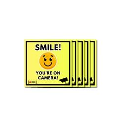 Smile You're On Camera Sticker Signs for Home & Business, 5 Pack Smile You're On Camera 5 x 5 in Vinyl Decals, UV Resistant, Weatherproof, Waterproof, Premium Sticker Signs for Home, Business, Stores,