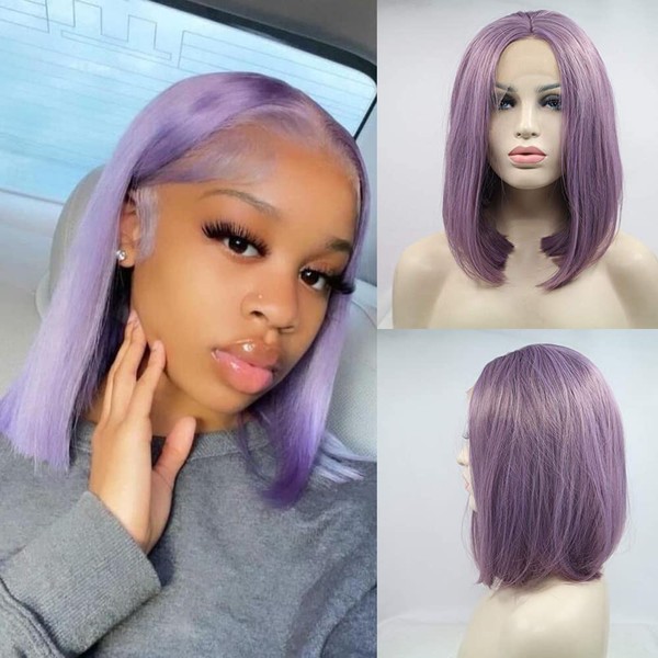 Mixed Purple Ombre Lace Front Wig 14 Inch Straight Bob Soft Synthetic Wig Middle Part Natural Hairline Heat Resistant Hair Replacement