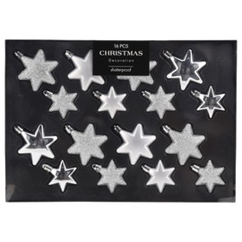 MIJOMA 16-Piece Shatterproof Christmas Tree Baubles Set, 2 Sizes 65mm & 45mm, Christmas Pendants - Heart Shape or Star Shape, Christmas Tree Decorations Matt, Shiny, Glitter (Silver, Star)