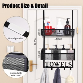 Azmoncy Over The Door Hooks Organizer, Over Door Rack with 5 Towel Hooks & 2 Mesh Basket, Back of Door Storage Organizer for Bathroom, Bedroom, Kitchen (Black)