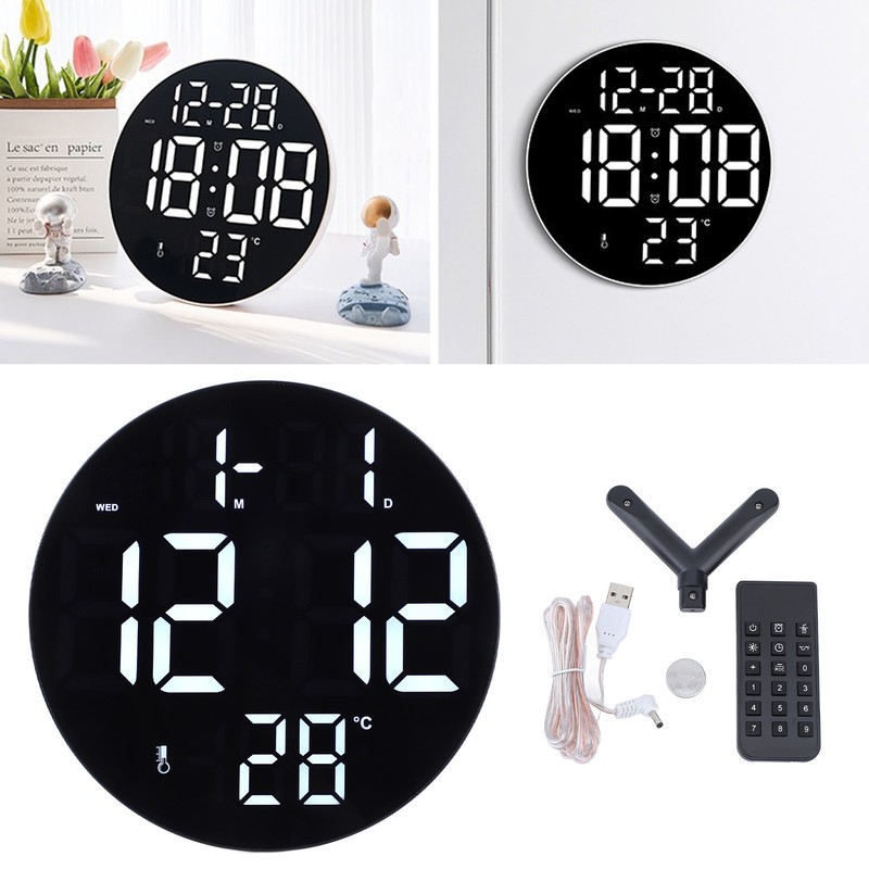 Round Digital Wall Clock 12 24Hr USB Powered Silent Modern