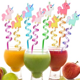Children's Straws, Pack of 8 Straws, Children's Unicorn, Curly Straws, Children's Straws, Reusable Drinking Straws for Children, Birthday Party Decoration, Party Accessories