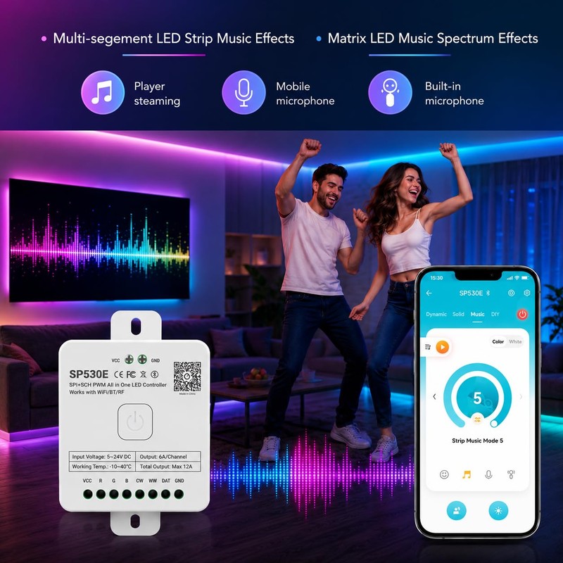 SuperLightingLED SP530E WiFi Bluetooth LED Controller, PWM SPI Compatible with