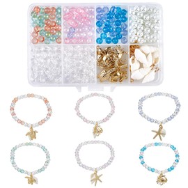 SUNNYCLUE 1 Box 248pcs DIY 6 Sets Summer Bracelet Making Kit Ocean Animal Beads Beach Gold Starfish Sea Theme Turtle Crab Star Seashell Beads For Jewellery Making Adults Women Beginners Anklets Craft