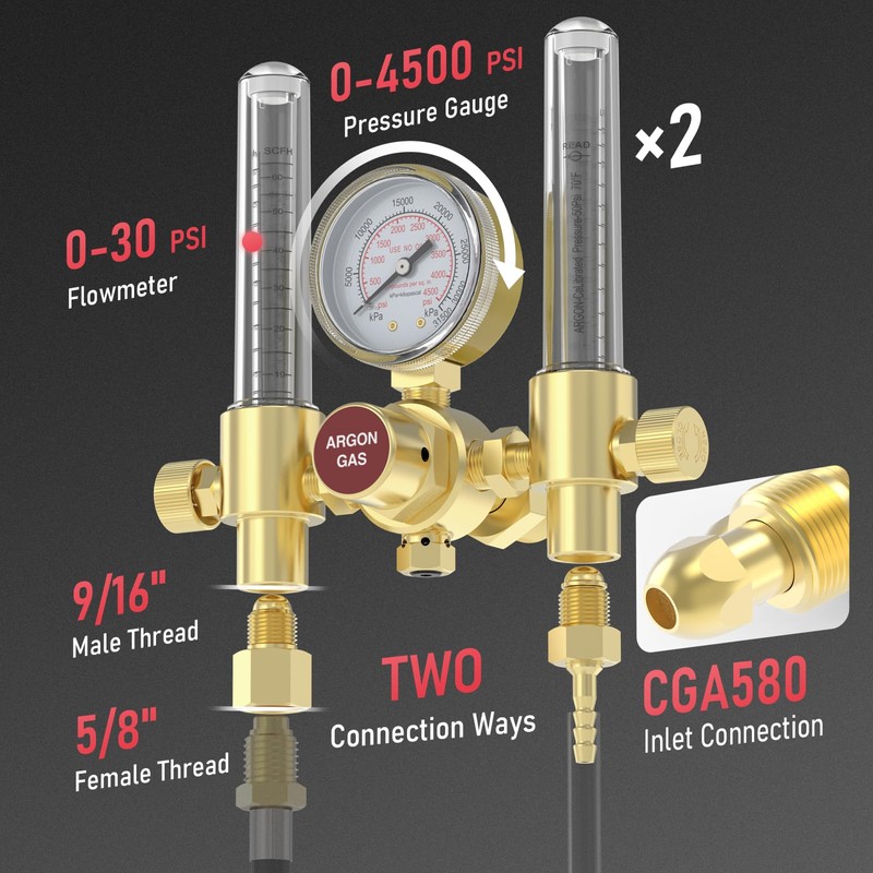 YESWELDER Dual Output Argon Regulator Flow Meter Mig Tig, 0-4500PSI,