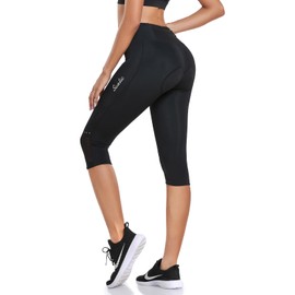 Santic Women's Cycling Pants High Waist 4D Padded Cycling Capris Shorts 3/4 Biking Leggings Pants with Pockets Black