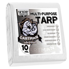 CARTMAN Finished Size 12x30 Feet 10 Mil White Heavy Duty Poly Tarp, Multipurpose Protective Cover, UV Resistant, Waterproof Poly Tarpaulin with Reinforced Edges Tarpaulin with Reinforced Edges