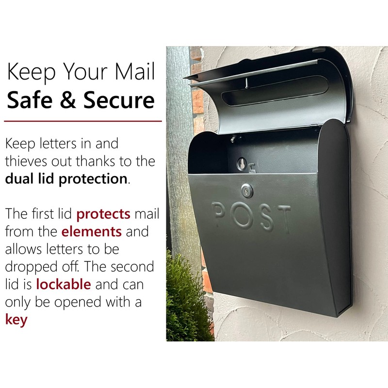 NACH Locking Black Wall Mount Mailbox, Durable Euro Black Mailboxes