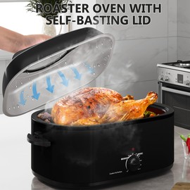 SUNVIVIPRO Roaster Oven 28 Quart, Electric Roaster Oven with Visible & Self-Basting Lid, Turkey Roaster Oven with Removable Pan & Rack, Variable Temperature Control, Stainless Steel, Grey