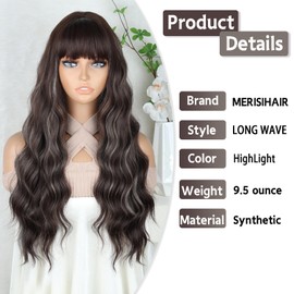 MERISIHAIR Long Brown Wavy Wigs with Bangs for Women 26inch Brown Mixed Blonde Curly Wavy Wig Natural Looking Synthetic Heat Resistant Fiber Wig for Daily Party Use
