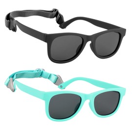 2 Pack Toddler Sunglasses Polarized with Strap for 2-8 Years Kids, Girls Boys Baby Glasses UV Protection, Black/Grey+green/Grey, Medium