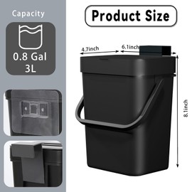 CXGFVRE Compost Bin Kitchen, for use on Countertops or Under Sinks, Hanging Trash Can with Lid, Mountable Indoor Compost Bucket, for Cupboard/Bathroom/Bedroom/Office/Camping (Black 0.8 Gallon/3L)