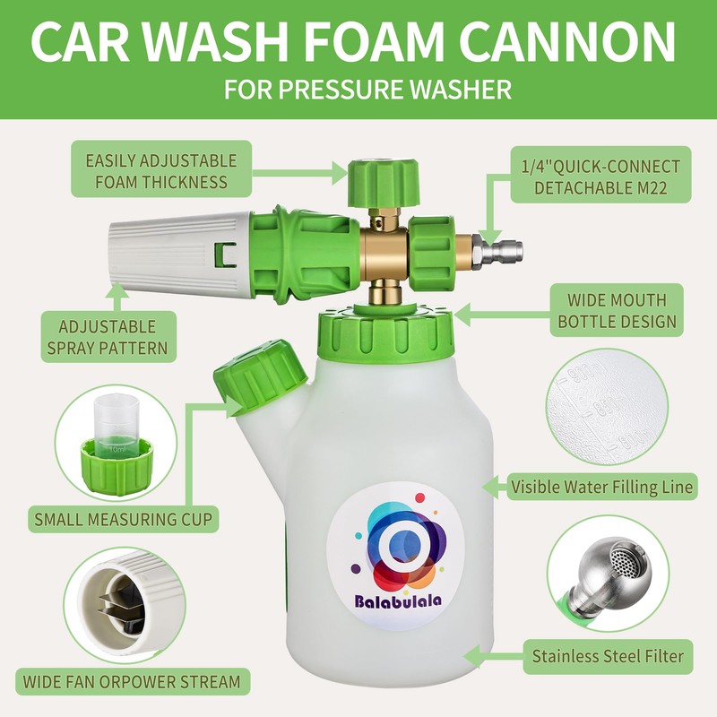Foam Cannon for Pressure Washer with Dual Connector, Balabulala Car