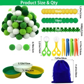 142pcs Fine Motor Skills Counting Sorting Sensory Bin Filler -100pcs Pompoms 20Pcs shamrock coins 10pcs shamrock 5 Cups 4 Tweezers 2 Scissors 1pcs Storage Bag for Early Education Train (Green White)
