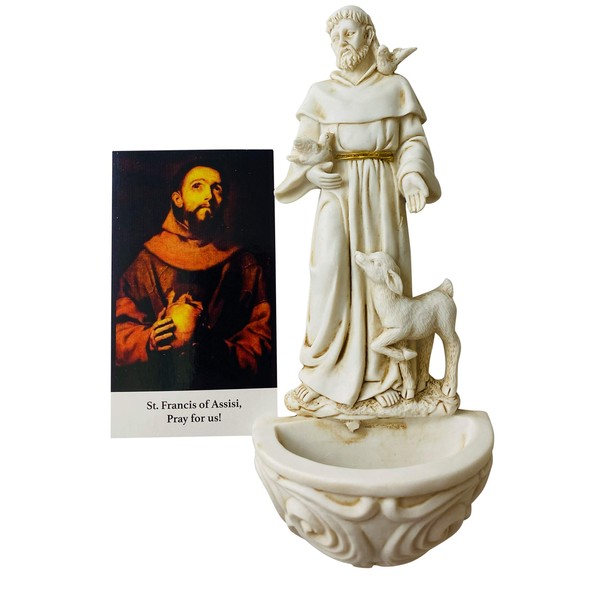 San Francisco de Asís fuente de agua y tarjeta sagrada de polirresina, decoración religiosa, 16,5 cm