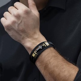 VANFORWYN Mens Bracelet Cross Multilayer Black Braided Genuine Leather Bracelet for Men Christian Jewelry 316L Stainless Steel Clasp Religious Gift for Men