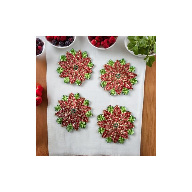 Flower Christmas Beaded Coaster Inches Set of 4