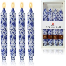 9 Inch Blue White Porcelain Taper Candles Flowers Printed 4 Pack Smokeless Unscented Home Decor Special Occasionscolor: Blue white, size: Large (8"-12")